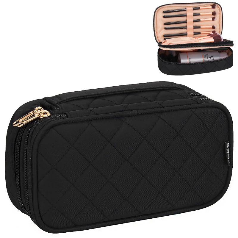 Photo 1 of Relavel Small Makeup Bag, Travel Makeup Bag, Cosmetic Bag for Women, 2 Layer Travel Makeup Organizer, Black Make Up Pouch for Daily Use, Makeup Brush Holder, Waterproof Nylon, Durable Zipper (Black)
