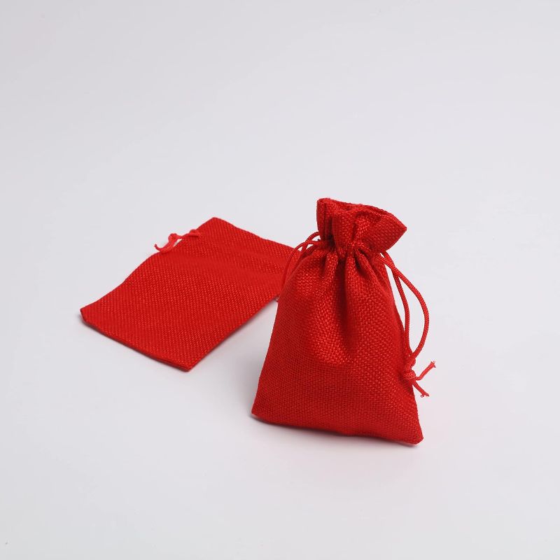 Photo 1 of J&Rey Home 50 Small Burlap Bags with Drawstring, Wedding Birthday Gift Reusable Burlap Storage Bag (3.75x5.5 Inch, Red)
