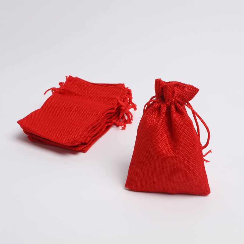 Photo 2 of J&Rey Home 50 Small Burlap Bags with Drawstring, Wedding Birthday Gift Reusable Burlap Storage Bag (3.75x5.5 Inch, Red)
