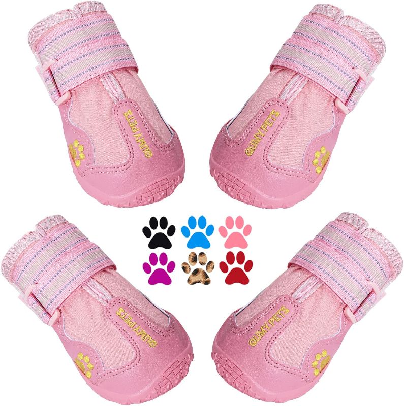Photo 1 of QUMY Dog Shoes for Large Dogs, Medium Dog Boots & Paw Protectors for Winter Snowy Day, Summer Hot Pavement, Waterproof in Rainy Weather, Outdoor Walking, Indoor Hardfloors Anti Slip Sole Pink 7
