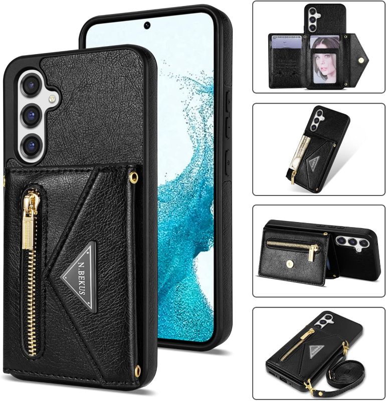 Photo 2 of YWKJ Compatible with Samsung Galaxy A54 5G Wallet Case with Card Slot Magnetic Flip Leather Shockproof Zipper Protective Handbag with Crossbody Strap for Galaxy A54 5G Case Wallet(Black-6.4 inch)
