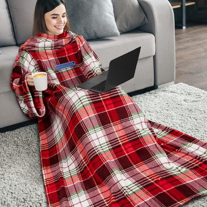 Photo 2 of Fleece Wearable Blanket with Sleeves for Adults Women Men, Red Green Plaid Soft Warm Full Body Wrap Throw, Front Pocket, Cozy Robe Blanket with Arm