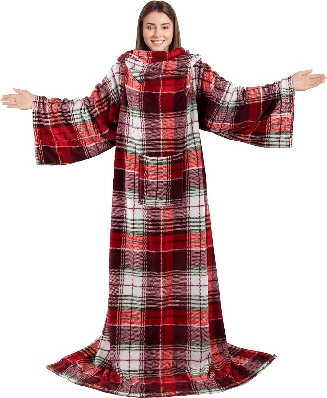 Photo 1 of Fleece Wearable Blanket with Sleeves for Adults Women Men, Red Green Plaid Soft Warm Full Body Wrap Throw, Front Pocket, Cozy Robe Blanket with Arm