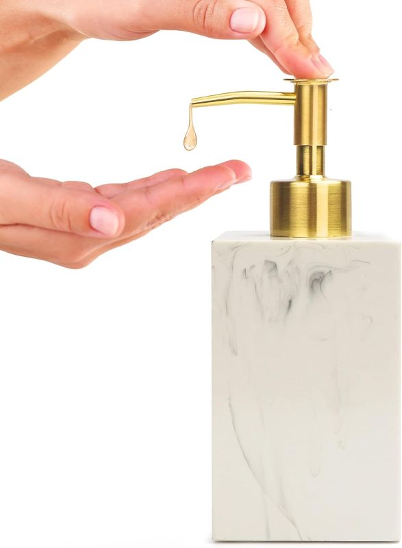 Photo 1 of Yew Design Marble White Pattern Soap Dispenser for Bathroom with Metal Pump (Gold), 15oz Square Rustproof Liquid Hand Dish Soap Dispenser for Kitchen Sink, Countertop, and Bathroom

