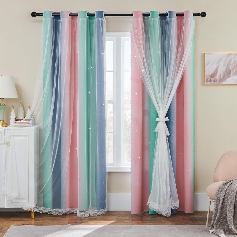 Photo 1 of XiDi Pink Grey Curtains for Girls Bedroom, Unicorn Wall Decals Green Curtain, Kids Curtains Room Darking, 63 inchs Long Blackout Curtain 52 inches Wide 1 Panel
