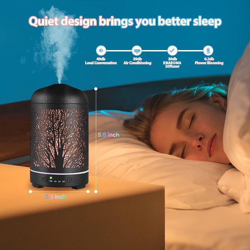 Photo 3 of ENAROMA Essential Oil Diffuser 200ml Black Metal Tree Ultrasonic Aromatherapy Diffuser with Intermittent Setting LED Colorful Night Light Cool Mist Humidifier for Bedroom Office Home Décor
