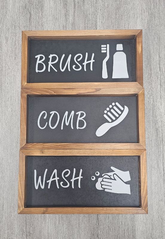 Photo 1 of Bathroom Sign & Plaque Set Wash Your Hands Brush Your Teeth Comb Your Hair Decorative Rustic Wood Farmhouse Bathroom Wall Decor (Black)