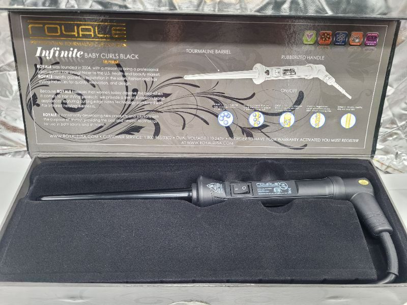Photo 2 of Royale 18/9mm Midnight Black Tourmaline Curling Iron/ Wand 110v-220v Infinite Baby Curls Color Black New 