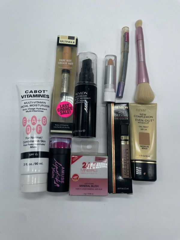 Photo 2 of Miscellaneous variety brand name cosmetics including (Cabot vitamines, Revlon,Amuse, 24.7 minerals & discontinued makeup products)