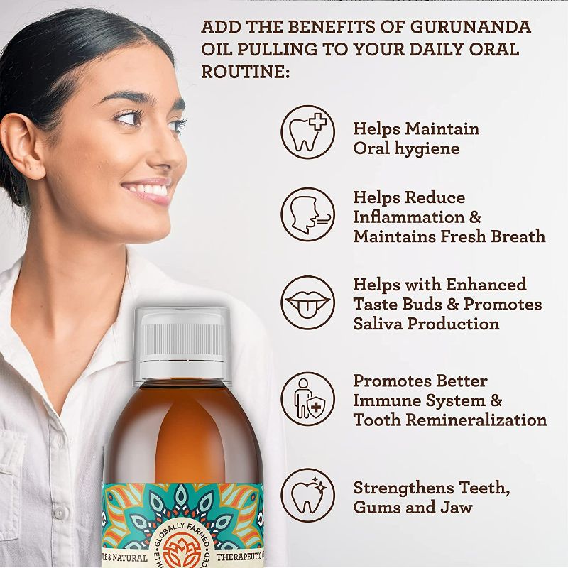 Photo 3 of GuruNanda Original Oil Pulling - Alcohol & Fluoride Free, Natural Mouthwash - Ayurvedic Blend for Healthy Teeth & Gums, Natural Teeth Whitening and Fresh Breath - Unflavoured Oral Rinse (8.45 fl.oz)