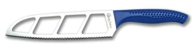 Photo 1 of EASY SLICE KNIFE DOUBLE SCALLOPED SERRATION CUTS STRAIGHT EVEN IF YOUR LEFT-HANDED NO SLIP GRIP HANDLE AND NO STICK BLADE COLOR BLUE SIZE 8 IN NEW IN PACKAGE