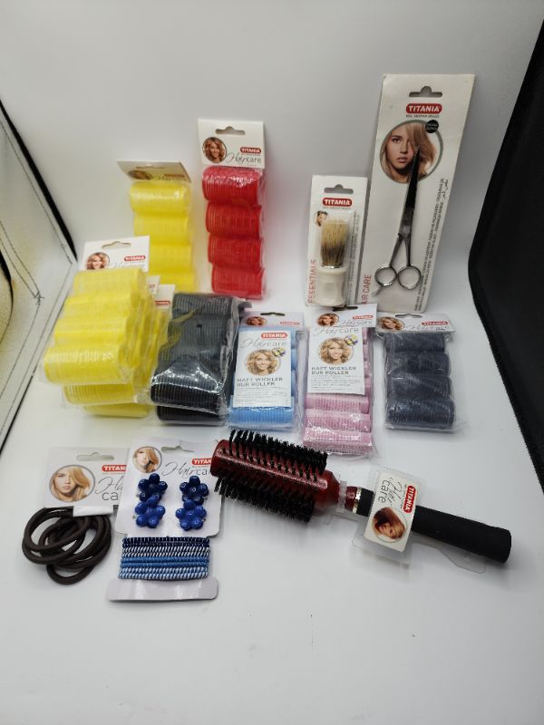 Photo 1 of Miscellaneous Variety Hair Products ( Rollers, Brush, Scissor, Hair ties, Clips, Dusting Brush)   Including Discontinued Products 
