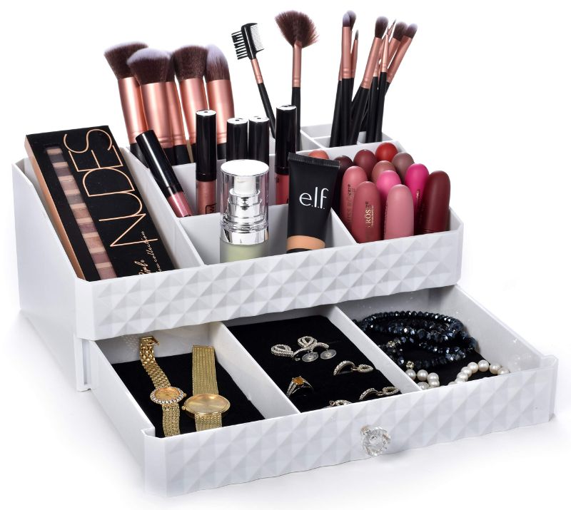 Photo 1 of Cosmetic Storage Box Organizer - Compartments to Organize and Store your Cosmetics Makeup and Accessories. Drawer with Padding to Protect Jewelry. Will Sit Neatly on Vanity or Bathroom Countertop