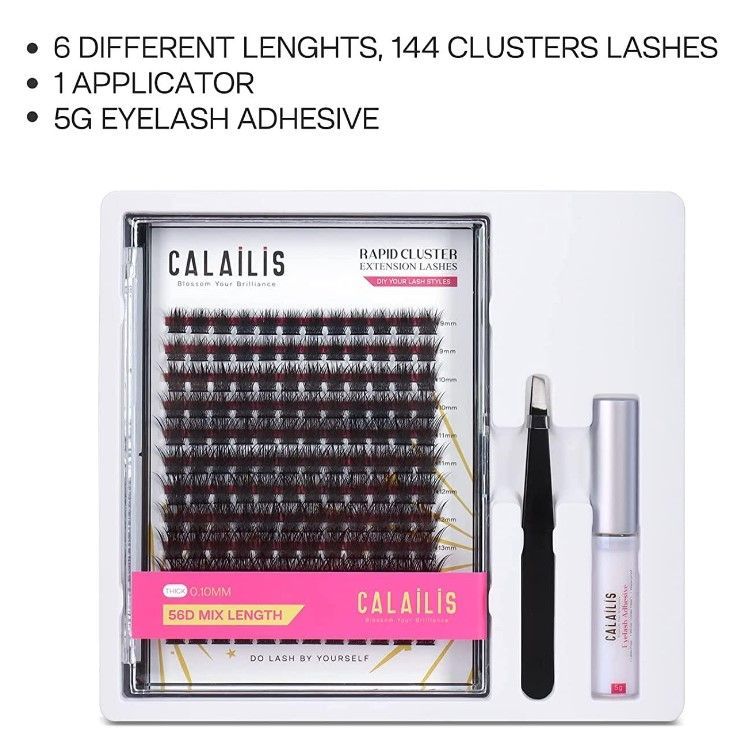 Photo 2 of DIY Eyelash Extension Kit,CALAILIS Naturals Individual Lashes Home Eyelash Extension Glue-based Band 0.10 Thickness 56 Roots with False Eyelash Glue and Tweezers Mix Tray 56D daily kit