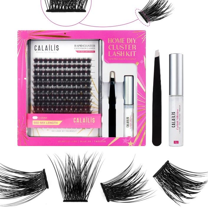 Photo 1 of DIY Eyelash Extension Kit,CALAILIS Naturals Individual Lashes Home Eyelash Extension Glue-based Band 0.10 Thickness 56 Roots with False Eyelash Glue and Tweezers Mix Tray 56D daily kit