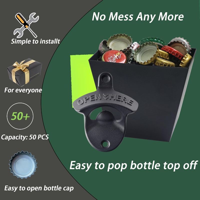 Photo 1 of Black Cast Iron Bottle Opener Wall Mounted Beer Top Opener with Cap Catcher Set