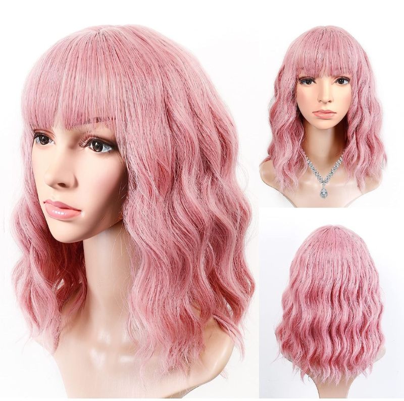 Photo 1 of Pink Wig with Bangs, 14 Inch Pink Wigs for Women Synthetic Shoulder Length Bob Cosplay Colored Wig Pastel Curly Short Hair Pink