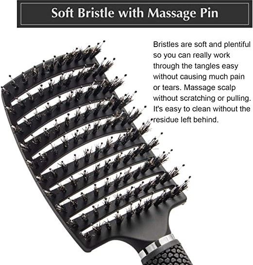 Photo 2 of Boar Bristle Hair Brush with Massage Pins Soft Bristle Easy to Clean Massages Scalp Detangles Hair New 