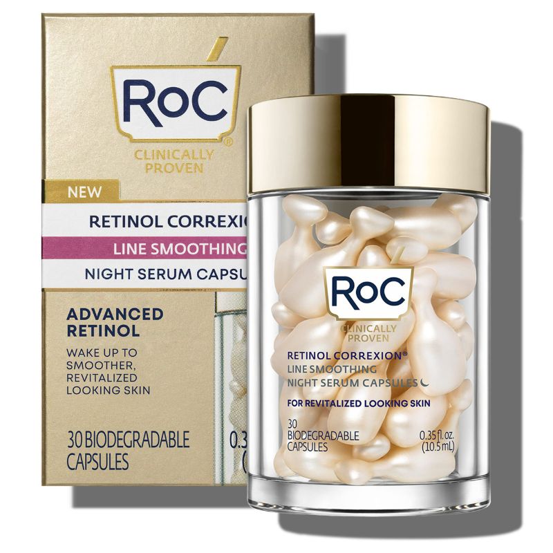 Photo 1 of RoC Retinol Correxion Anti-Aging Wrinkle Night Serum, Daily Line Smoothing Skin Care Treatment for Fine Lines, Dark Spots, Post-Acne Scars, 30 Individual Capsules, Unscented, 0.35 Fl Oz 30 count