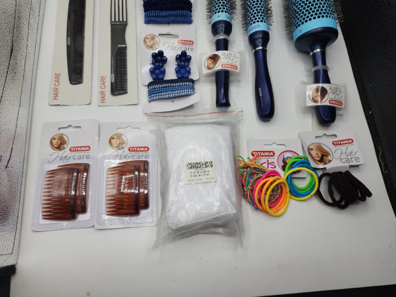 Photo 3 of Hair Care Kit, 2 Headbands, 4 Sets of Hairties, 3 Round Brushes, 2 Combs, 8 Set of Clips, 4 Side Combs 