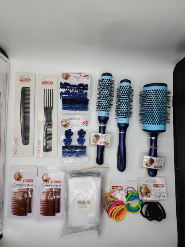 Photo 1 of Hair Care Kit, 2 Headbands, 4 Sets of Hairties, 3 Round Brushes, 2 Combs, 8 Set of Clips, 4 Side Combs 