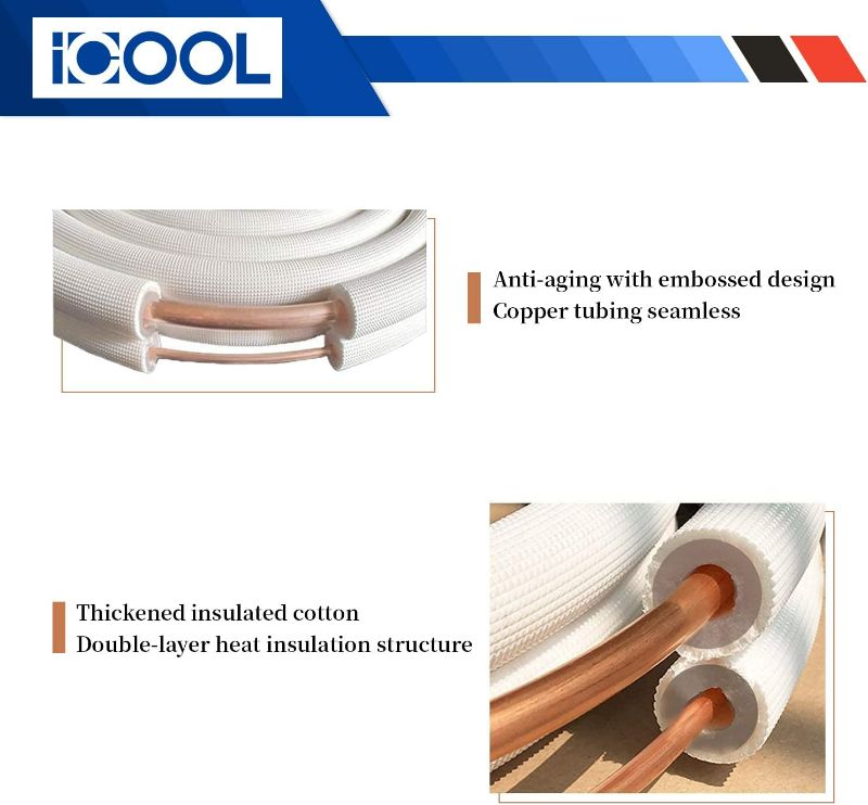 Photo 2 of ICOOL 50 Ft. Mini Split Line Set, 1/4" & 1/2" O.D. Twin Copper Pipes, 3/8" Thickened PE Insulated Coil Copper Line with Nuts for Air Conditioner HVAC Refrigeration and Heating Equipment
