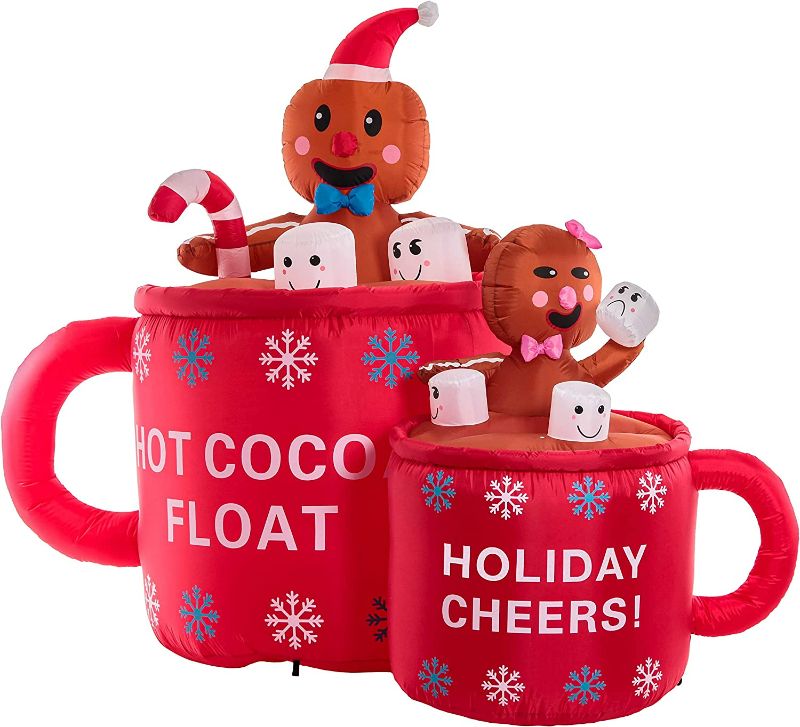 Photo 1 of Christmas Masters 6 Foot Inflatable Hot Cocoa Mug Float Cups with Holiday Gingerbread Man & Woman Cookie and Marshmallows LED Lights Indoor Outdoor Yard Lawn Decoration, Cute Fun Xmas Holiday Blow Up