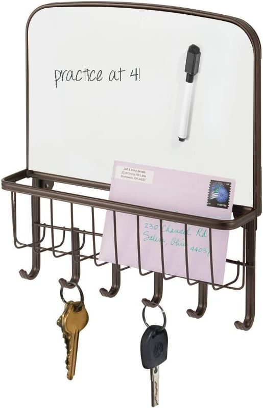 Photo 1 of Design Metal Wall Mount Entryway Storage Organizer Mail Basket with Dry Erase Board, 6 Hooks - Holder for Letters, Magazines, Keys, Coats, Leashes - Strong Steel Wire Design Bronze