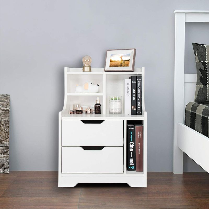 Photo 1 of Wooden Bedside Table with Storage Shelf 2 Drawers Nightstand Side Table Cabinet Bedside Furniture White Finish