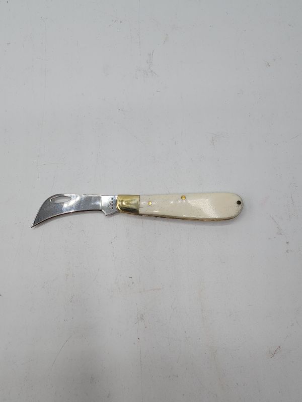 Photo 2 of Rite Edge Folding Knife 2.5" Hawkbill Pruning Blade Real Bone Brass Lockback