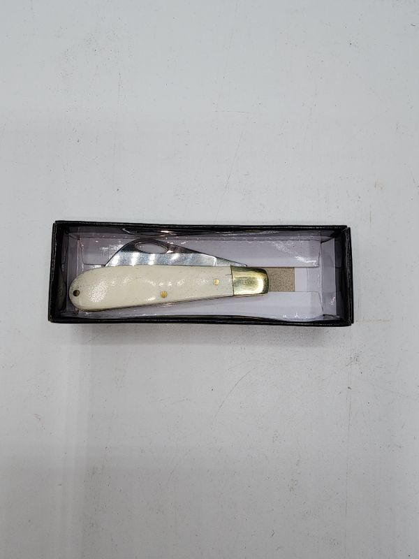 Photo 3 of Rite Edge Folding Knife 2.5" Hawkbill Pruning Blade Real Bone Brass Lockback