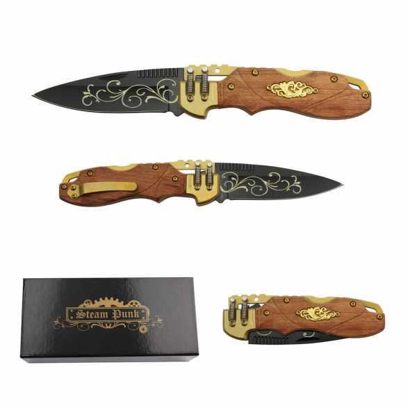 Photo 1 of Classic Steampunk Styled, Lockable Folding Knife with Gift Box. Black Blade.