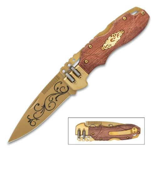 Photo 1 of STEAMPUNK LOCKBACK POCKET KNIFE - STAINLESS STEEL BLADE, WOODEN HANDLE SCALES, LOCKBACK, POCKET CLIP - LENGTH 8”