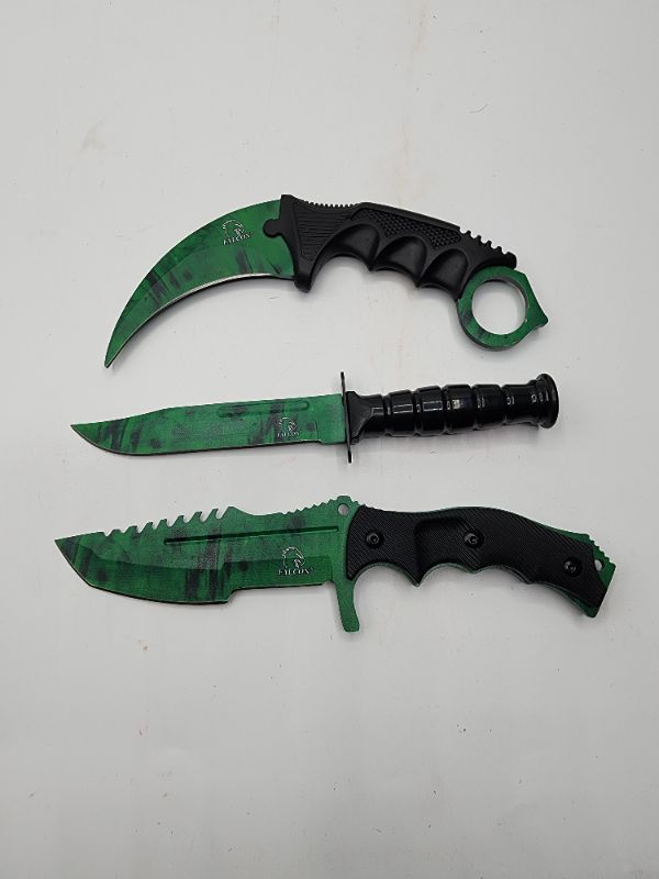 Photo 2 of Falcon Triple Knife Set - | Karambit Knife, Survival Knife & Hunting Knife | Fixed Blade Knife with Sheath  | Stainless Steel Blades | TPU Secure-Grip Handle