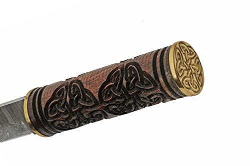 Photo 4 of SZCO Supplies 13.5” Engraved Celtic Handle Damascus Steel Reverse Tanto Seax Knife With Leather Sheath, Brown 
