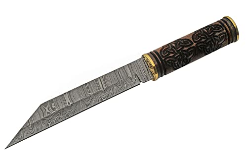 Photo 1 of SZCO Supplies 13.5” Engraved Celtic Handle Damascus Steel Reverse Tanto Seax Knife With Leather Sheath, Brown 