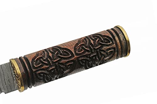 Photo 3 of SZCO Supplies 13.5” Engraved Celtic Handle Damascus Steel Reverse Tanto Seax Knife With Leather Sheath, Brown 