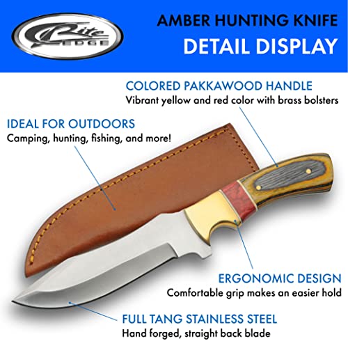 Photo 2 of  9.5” Red Amber Wood/Brass Handled Outdoor Upsweep Hunting Knife with Sheath