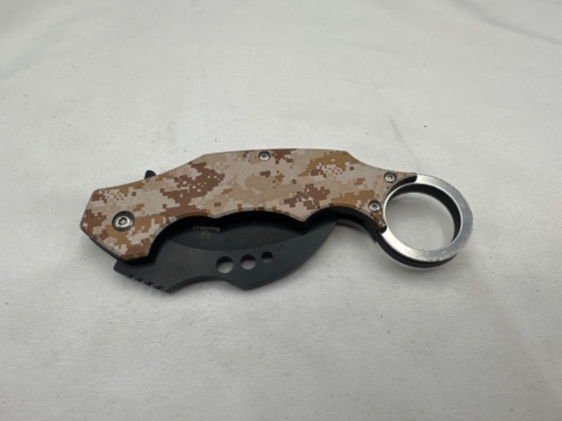 Photo 2 of Snake Edge Karambit Pocket Knife with Loop Brown Printed Design New