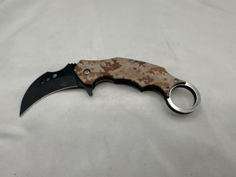 Photo 1 of Snake Edge Karambit Pocket Knife with Loop Brown Printed Design New