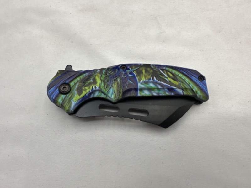 Photo 2 of Blue and Green Dragon Printed Pocket Knife New