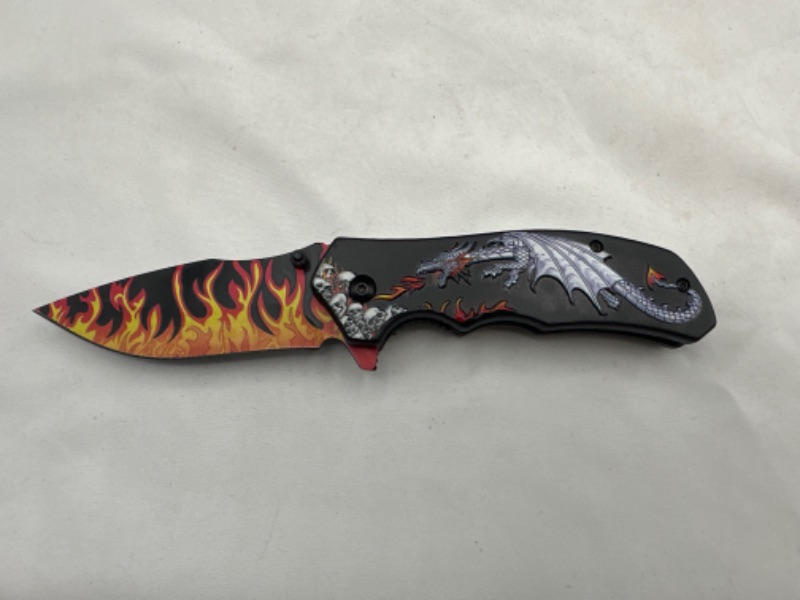 Photo 1 of Black Dragon and Flame Design Pocket Knife New 