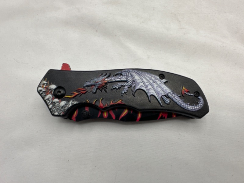 Photo 2 of Black Dragon and Flame Design Pocket Knife New 