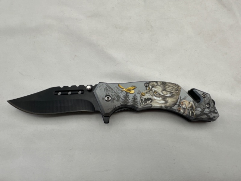 Photo 1 of Wolves In The Woods Outdoor Printed Pocket Knife With Window Breaker and Seat Belt Cutter New