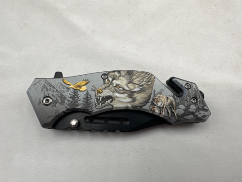 Photo 2 of Wolves In The Woods Outdoor Printed Pocket Knife With Window Breaker and Seat Belt Cutter New