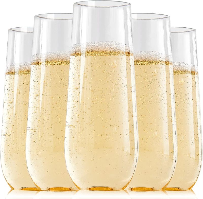 Photo 1 of FOCUSLINE 24 Pack Plastic Champagne Flutes 9 Oz Stemless , Heavy Duty Clear Unbreakable Toasting Glasses | Shatterproof | Disposable | Reusable For Wedding Or Party