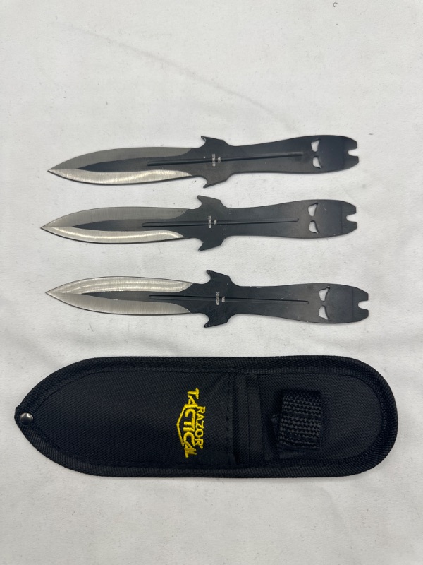 Photo 1 of 7.5 Inch Throwing Knives Black and Silver 3 Pcs With Nylon Sheath New