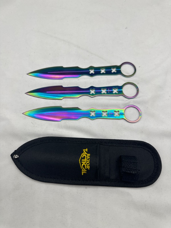 Photo 1 of 7.5 Inch Throwing Knives Rainbow Oil Slick 3 Pcs With Nylon Sheath New