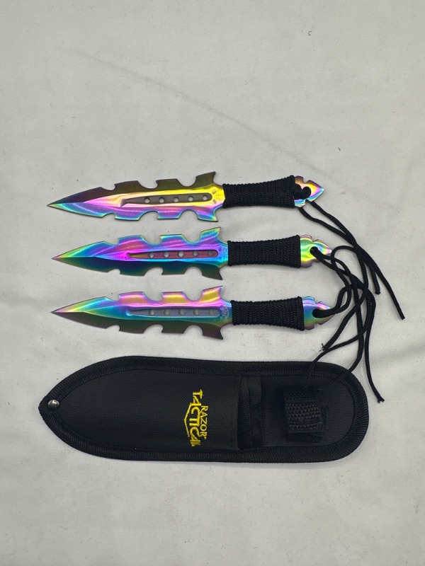 Photo 1 of 7.5 Inch Throwing Knives Oil Slick 3 Pcs With Nylon Sheath New