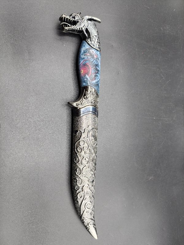 Photo 2 of  Fancy Roaring Dragon Medieval Dagger with Scabbard, 12" Length, Blue